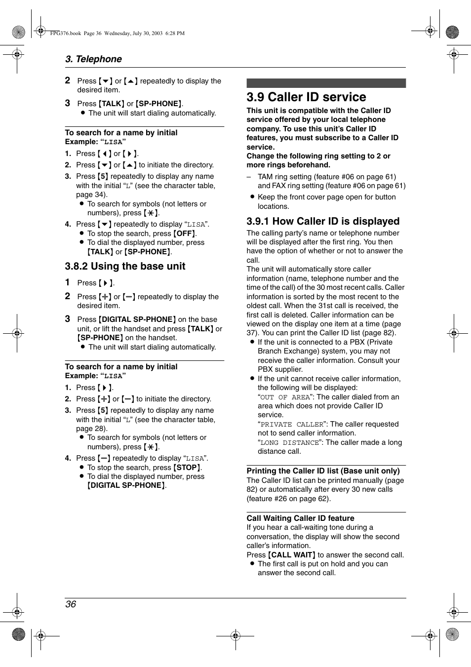 Caller id, 9 caller id service, Caller id service | 9 caller id service, 2 using the base unit, 1 how caller id is displayed, Telephone 36 2 | Panasonic KX-FPG377 User Manual | Page 38 / 94