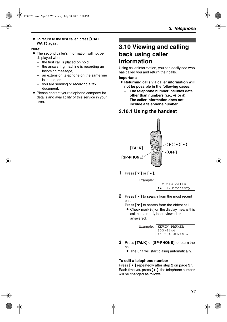 Viewing and calling back using caller, Information, 1 using the handset | Panasonic KX-FPG377 User Manual | Page 39 / 94