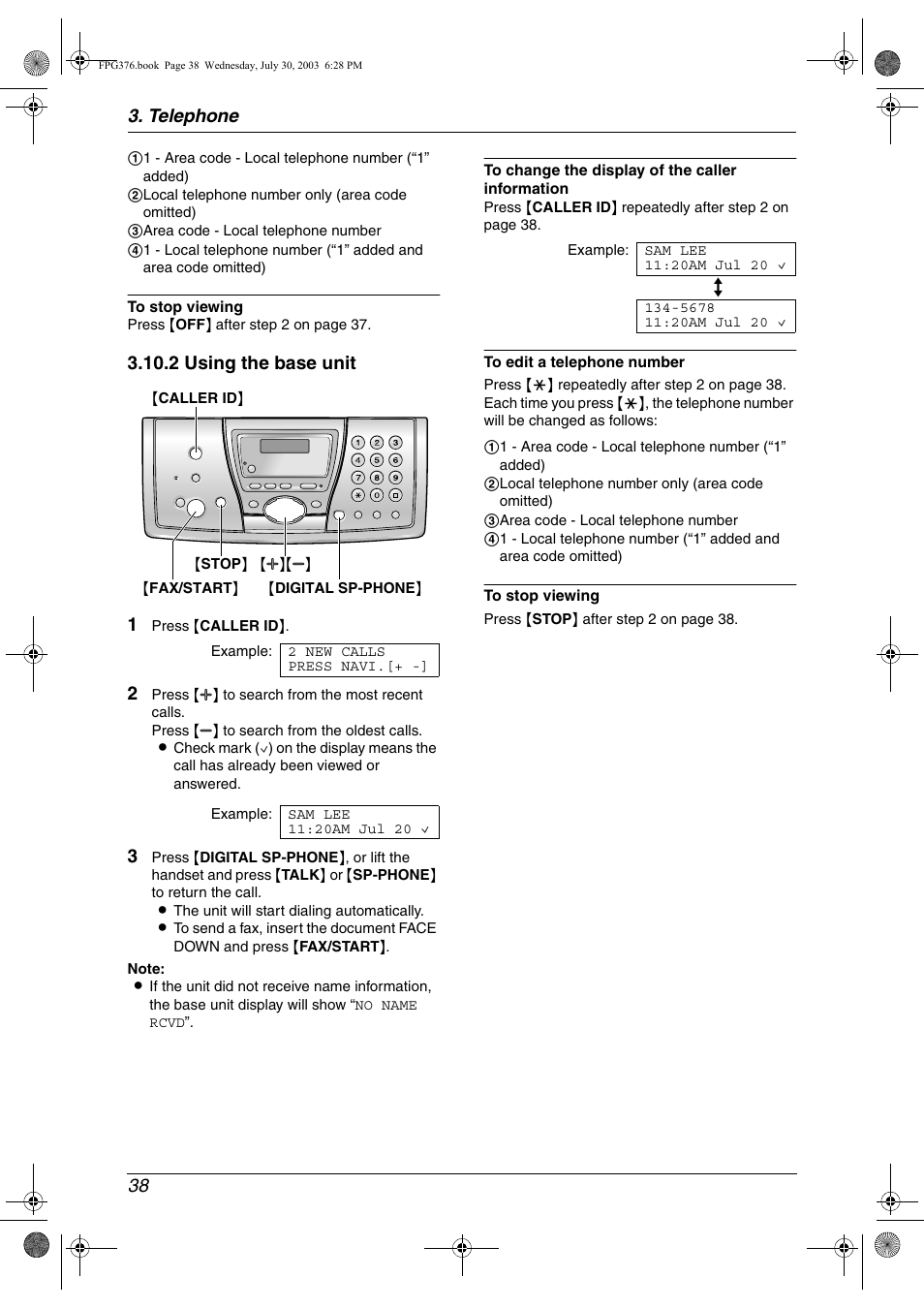 Telephone 38, 2 using the base unit 1 | Panasonic KX-FPG377 User Manual | Page 40 / 94