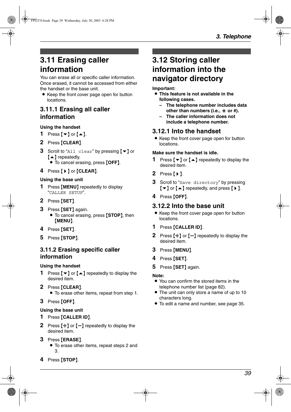 11 erasing caller information, Erasing caller information, Storing caller information into the | Navigator directory, 11 erasing caller information, 1 erasing all caller information, 1 into the handset, 2 into the base unit | Panasonic KX-FPG377 User Manual | Page 41 / 94