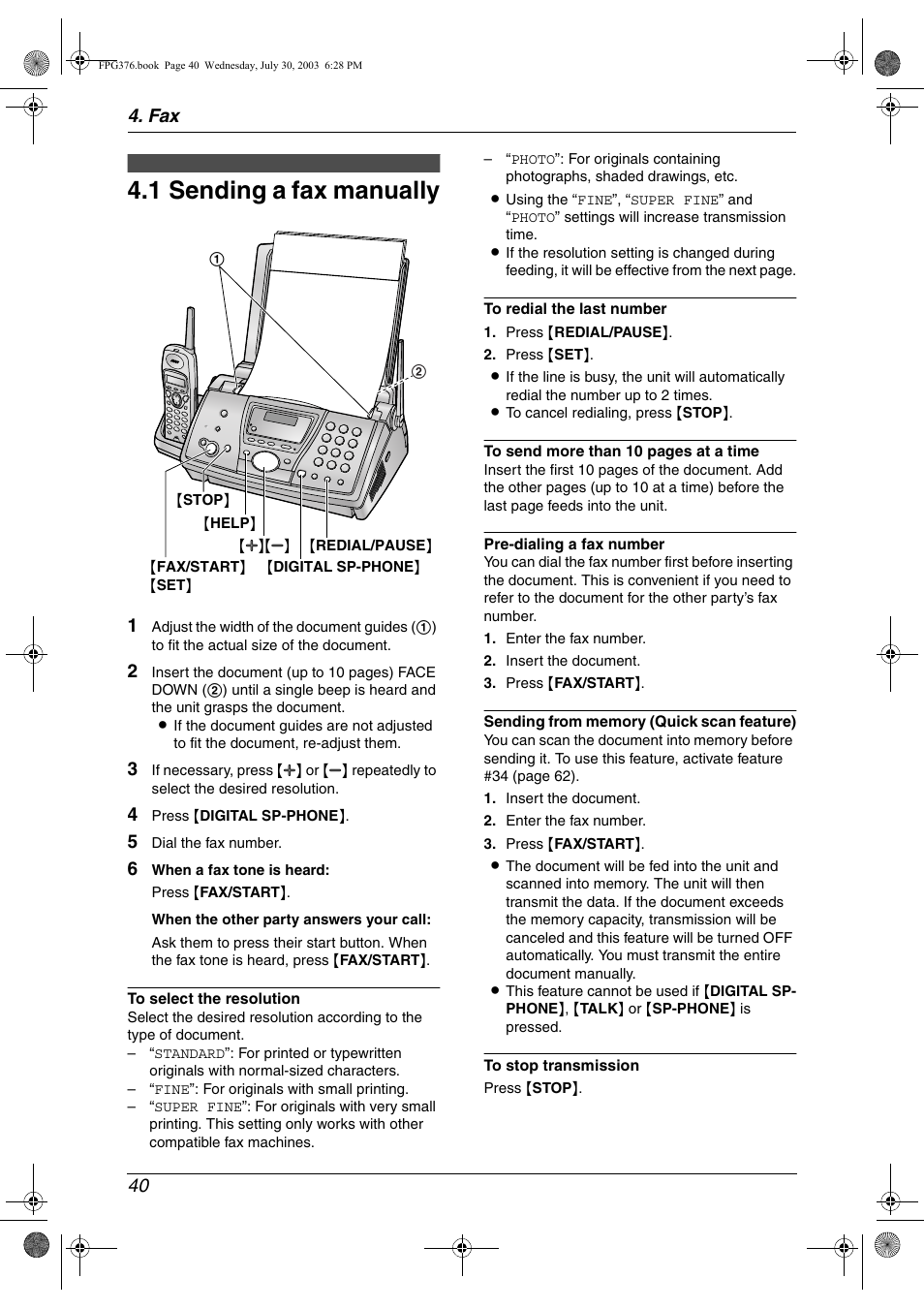 Sending faxes, 1 sending a fax manually, Sending a fax manually | 1 sending a fax manually, Fax 40 | Panasonic KX-FPG377 User Manual | Page 42 / 94