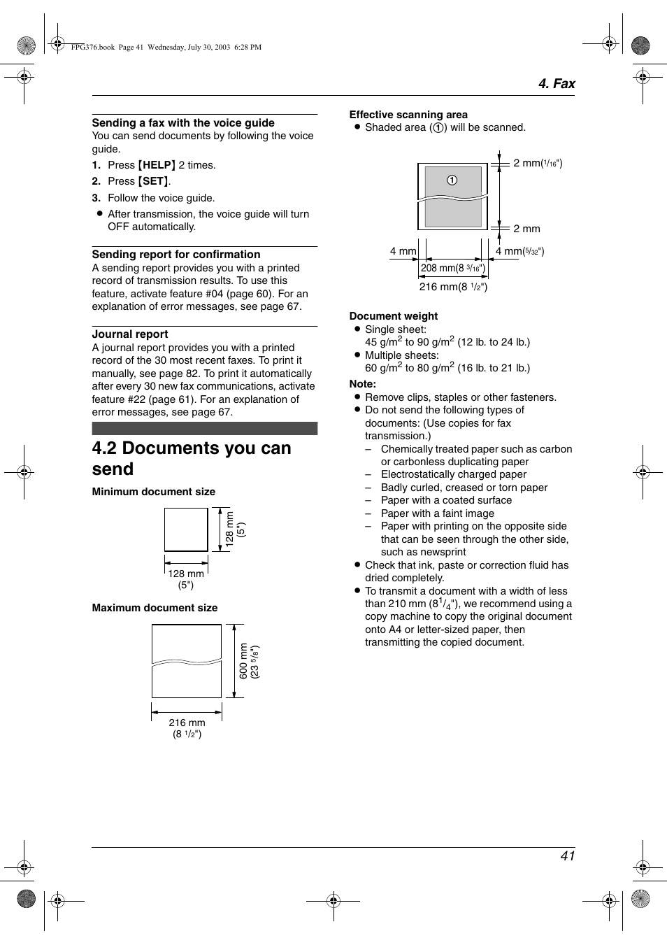 2 documents you can send, Documents you can send, 2 documents you can send | Fax 41 | Panasonic KX-FPG377 User Manual | Page 43 / 94