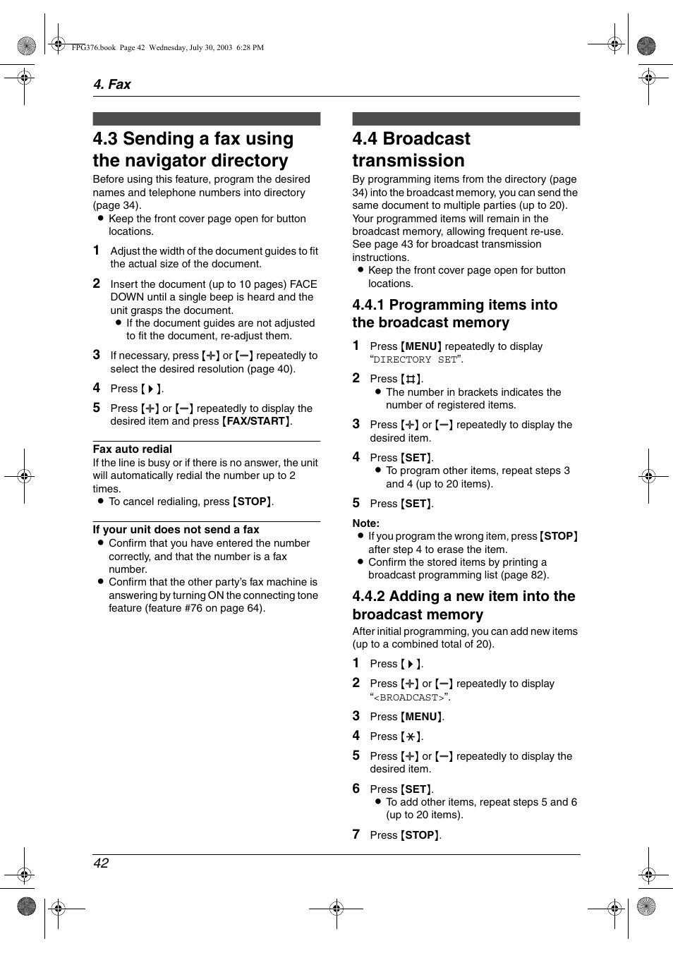 3 sending a fax using the navigator directory, 4 broadcast transmission, Sending a fax using the navigator directory | Broadcast transmission, 3 sending a fax using the navigator directory, 4 broadcast transmission | Panasonic KX-FPG377 User Manual | Page 44 / 94