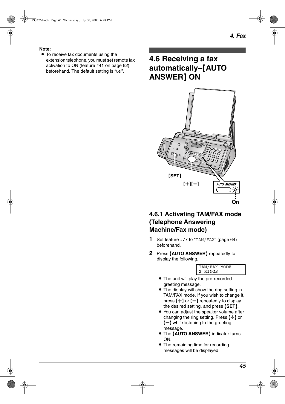 6 receiving a fax automatically–{auto answer} on, Receiving a fax automatically | Panasonic KX-FPG377 User Manual | Page 47 / 94