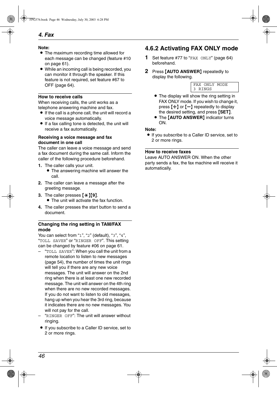 2 activating fax only mode, Fax 46 | Panasonic KX-FPG377 User Manual | Page 48 / 94