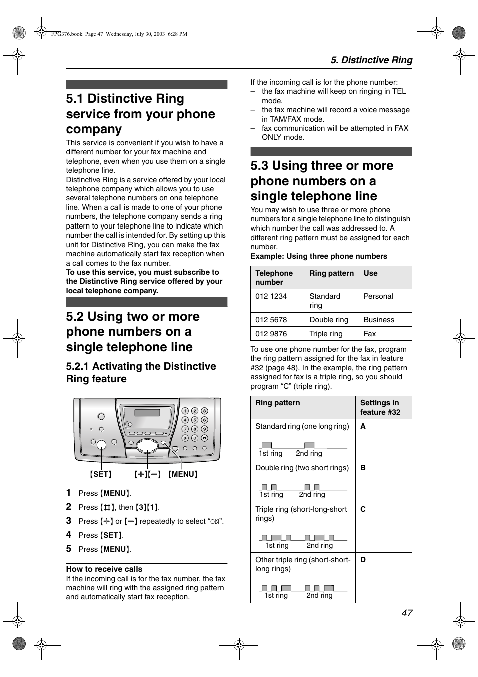 Distinctive ring, Distinctive ring service from your phone company, 1 distinctive ring service from your phone company | 1 activating the distinctive ring feature, Distinctive ring 47 | Panasonic KX-FPG377 User Manual | Page 49 / 94