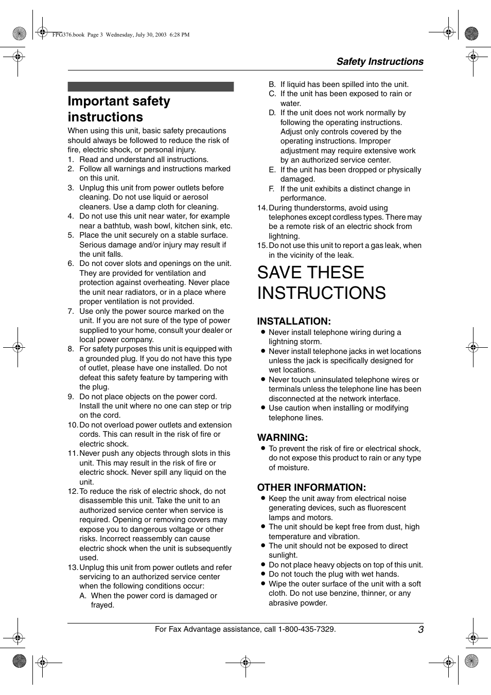 Safety instructions, Important safety instructions, Save these instructions | Safety instructions 3, Installation, Warning, Other information | Panasonic KX-FPG377 User Manual | Page 5 / 94