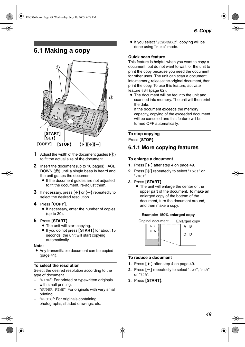 Copy, Copying, 1 making a copy | Making a copy, 1 making a copy, 1 more copying features, Copy 49 | Panasonic KX-FPG377 User Manual | Page 51 / 94