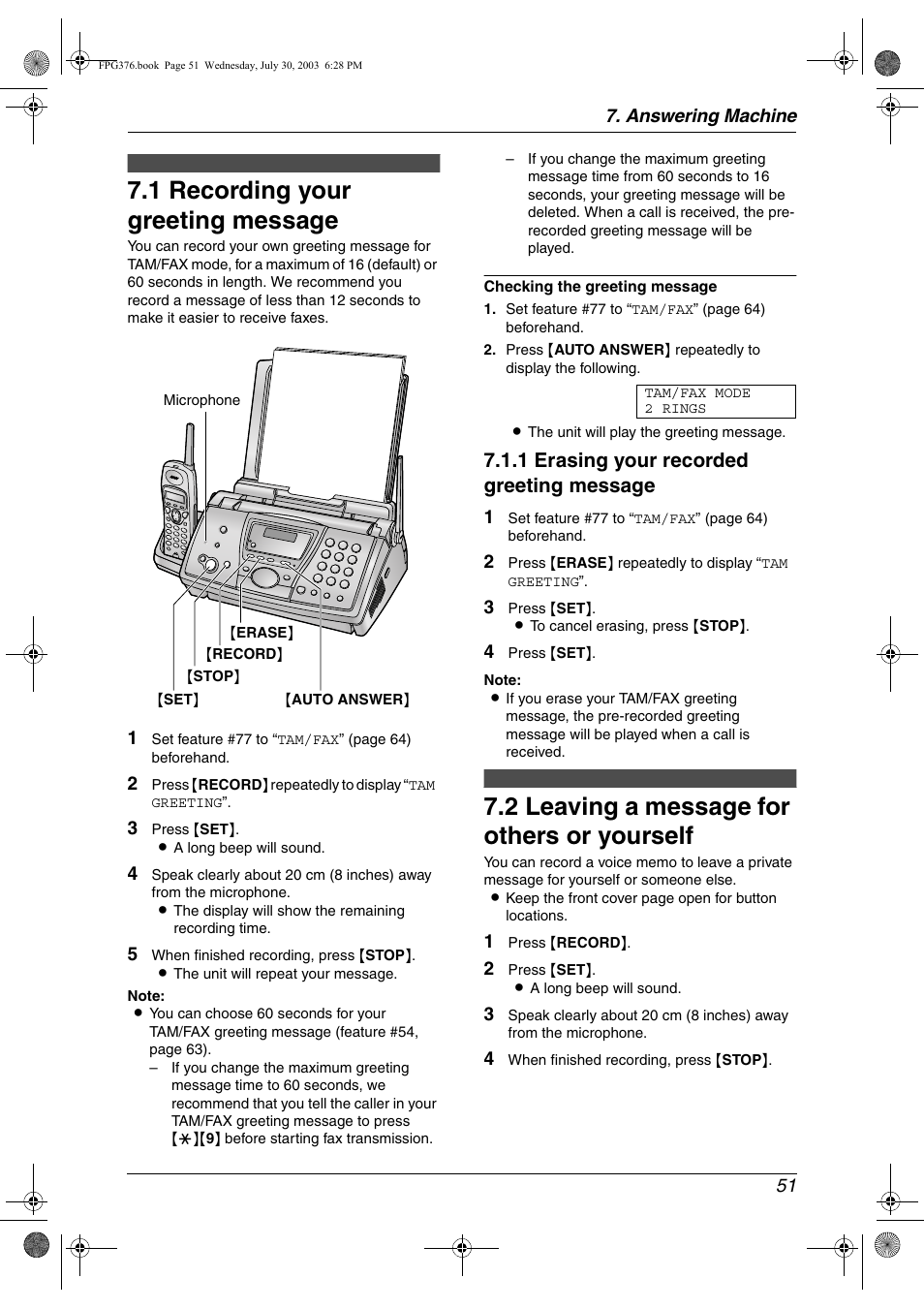Answering machine, Greeting, 1 recording your greeting message | Memo message, 2 leaving a message for others or yourself, Recording your greeting message, Leaving a message for others or yourself, 1 recording your greeting message, 2 leaving a message for others or yourself, 1 erasing your recorded greeting message | Panasonic KX-FPG377 User Manual | Page 53 / 94