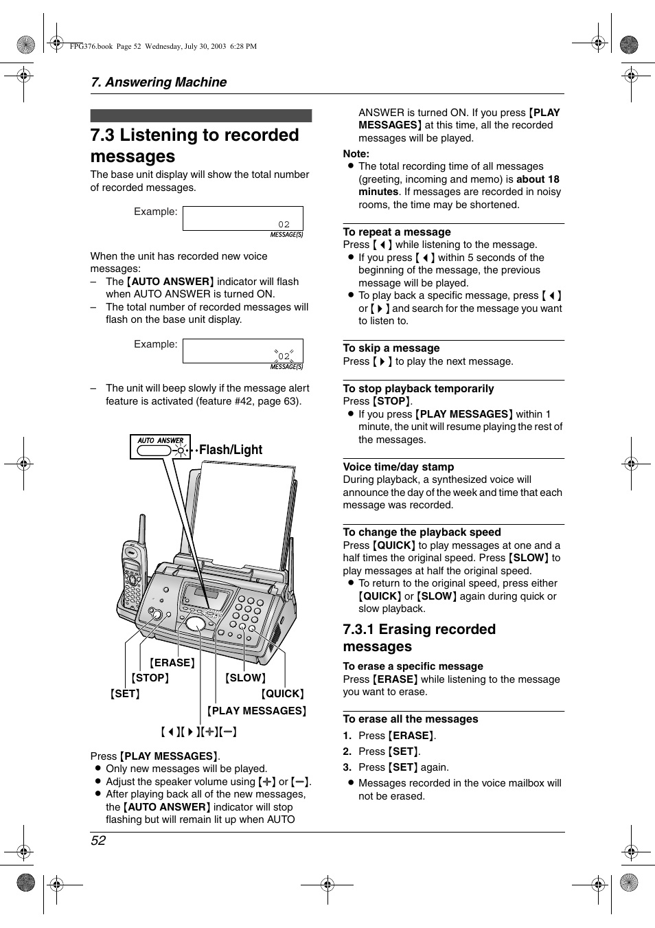 Incoming messages, 3 listening to recorded messages, Listening to recorded messages | 3 listening to recorded messages, 1 erasing recorded messages, Answering machine 52, Flash/light | Panasonic KX-FPG377 User Manual | Page 54 / 94