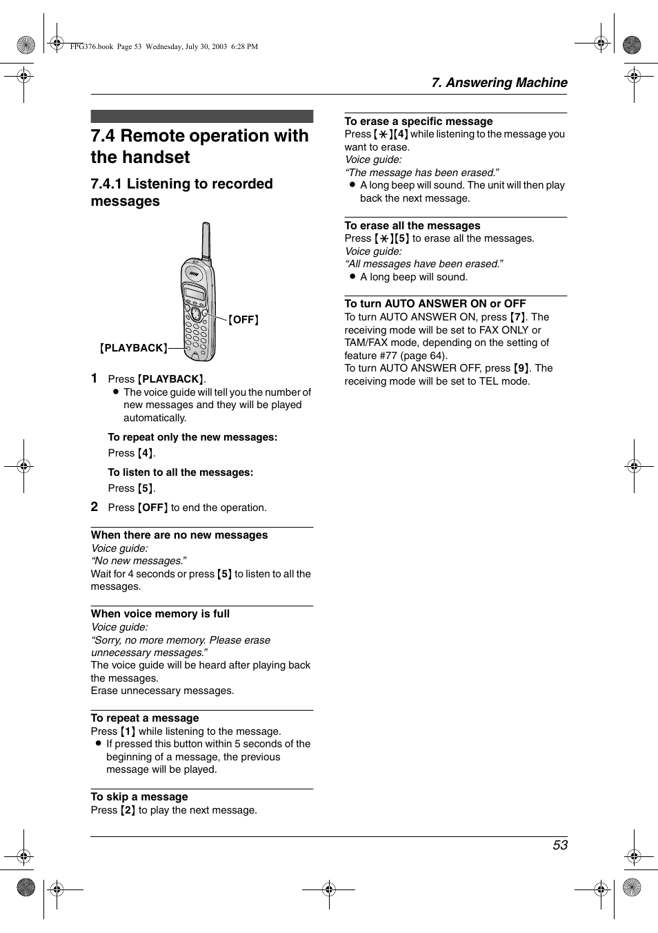 4 remote operation with the handset, Remote operation, Remote operation with the handset | 4 remote operation with the handset, 1 listening to recorded messages, Answering machine 53 | Panasonic KX-FPG377 User Manual | Page 55 / 94