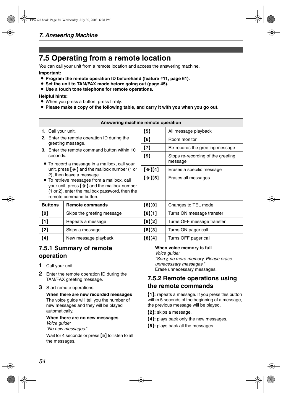 5 operating from a remote location, Operating from a remote location, 5 operating from a remote location | 1 summary of remote operation, 2 remote operations using the remote commands, Answering machine 54 | Panasonic KX-FPG377 User Manual | Page 56 / 94