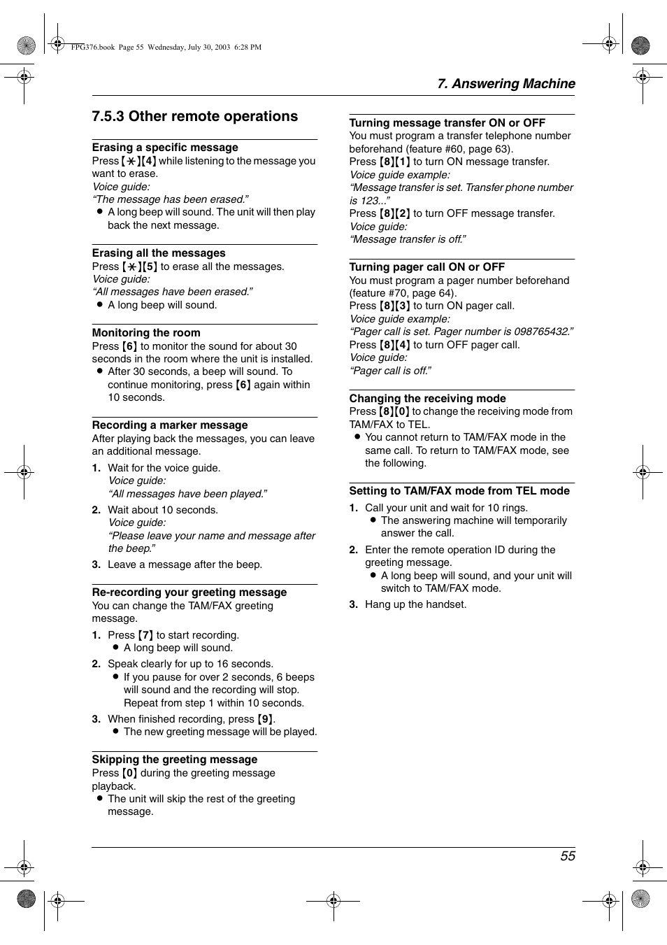 3 other remote operations, Answering machine 55 | Panasonic KX-FPG377 User Manual | Page 57 / 94