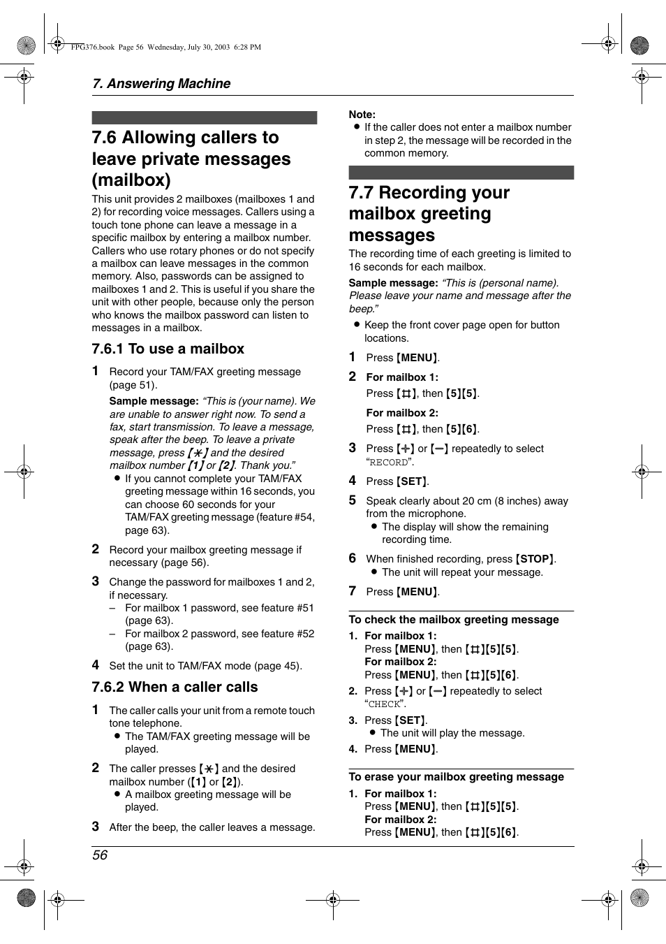 Voice mailbox, 7 recording your mailbox greeting messages, Recording your mailbox greeting messages | 7 recording your mailbox greeting messages, 1 to use a mailbox, 2 when a caller calls | Panasonic KX-FPG377 User Manual | Page 58 / 94