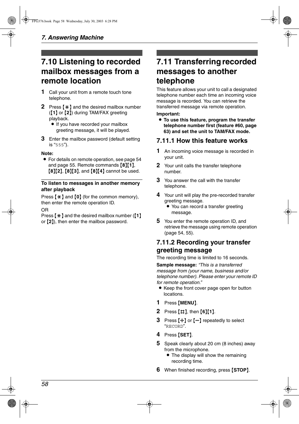 Option, Listening to recorded mailbox, Messages from a remote location | Transferring recorded messages to, Another telephone, 1 how this feature works, 2 recording your transfer greeting message | Panasonic KX-FPG377 User Manual | Page 60 / 94