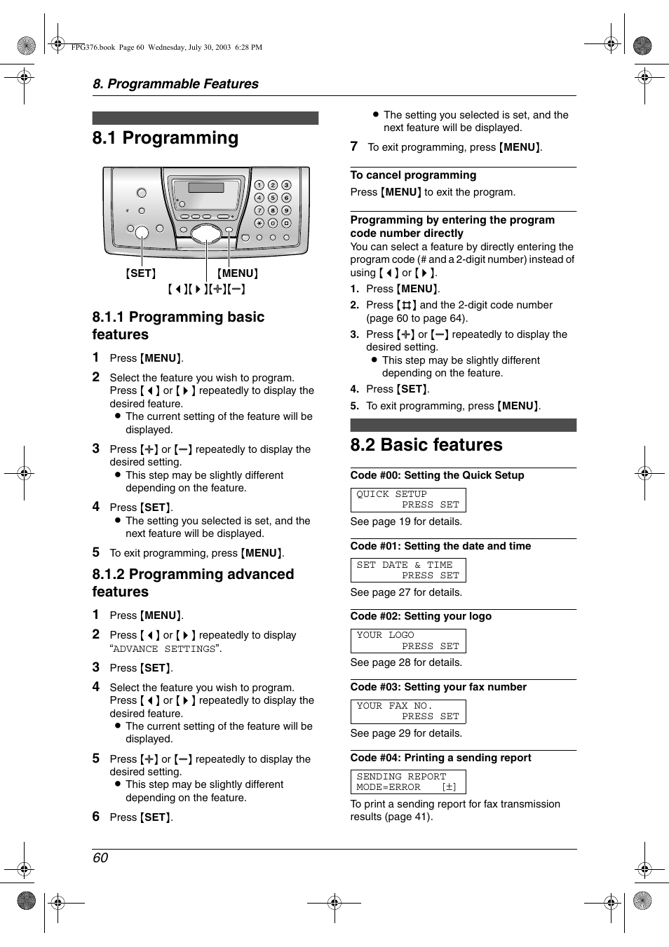 Programmable features, Features (base unit), 1 programming | 2 basic features, Programming, Basic features, 1 programming, 2 basic features, 1 programming basic features, 2 programming advanced features | Panasonic KX-FPG377 User Manual | Page 62 / 94