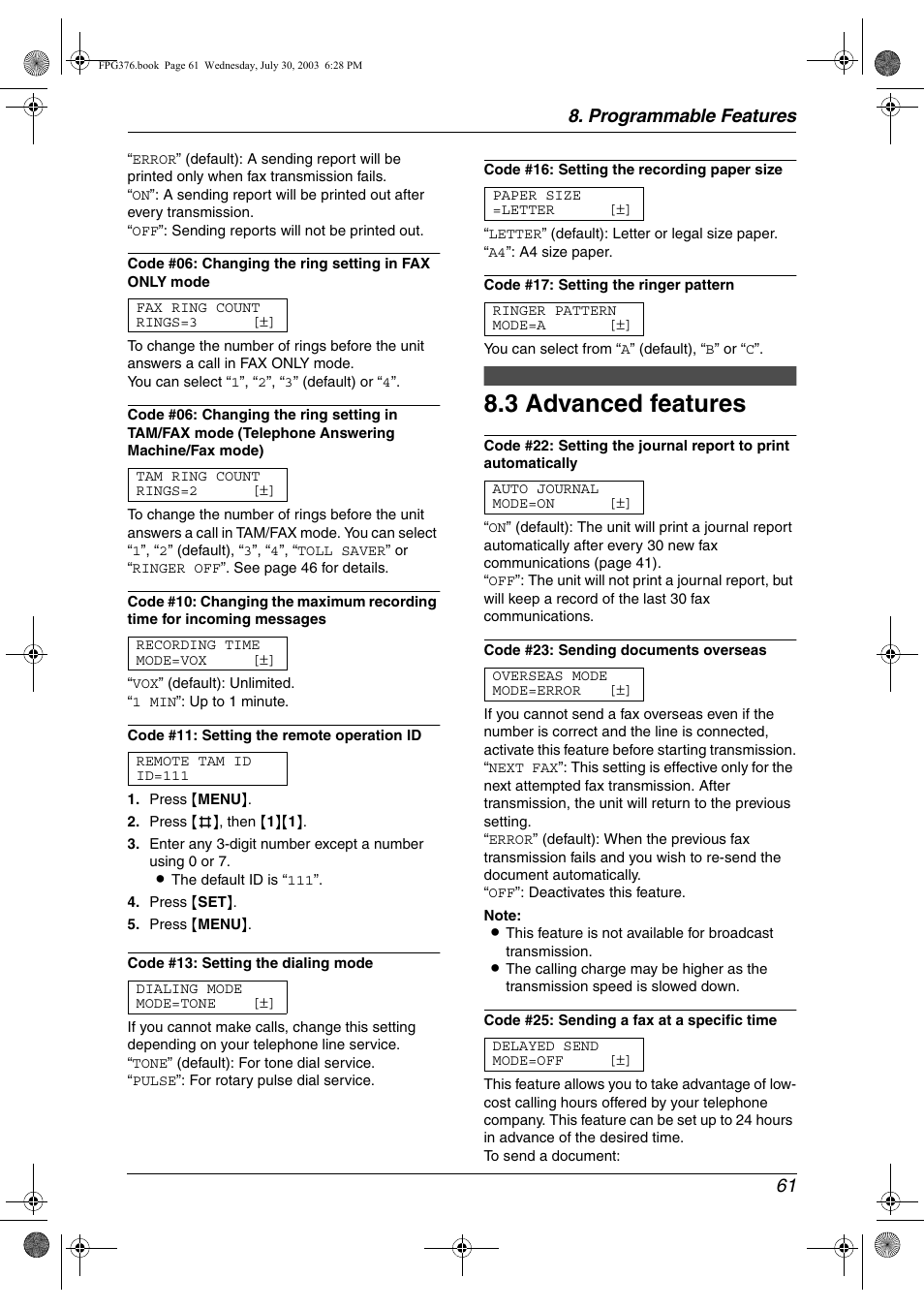 3 advanced features, Advanced features, 3 advanced features | Programmable features 61 | Panasonic KX-FPG377 User Manual | Page 63 / 94