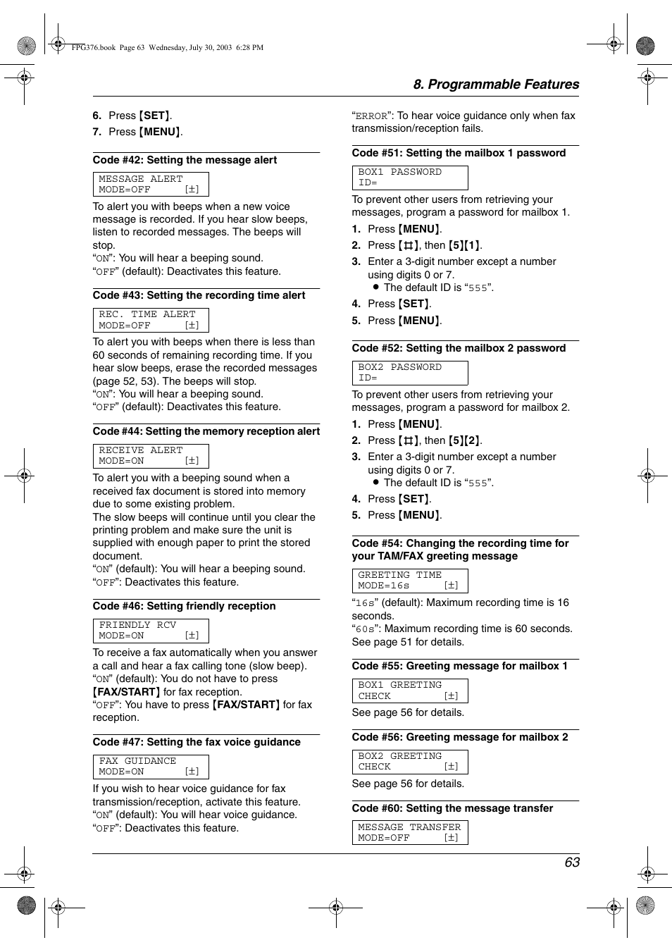 Programmable features 63 | Panasonic KX-FPG377 User Manual | Page 65 / 94