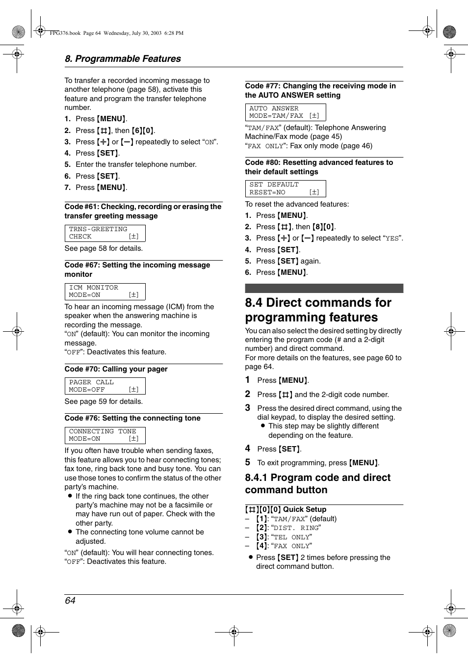 4 direct commands for programming features, Direct commands for programming features, 4 direct commands for programming features | 1 program code and direct command button, Programmable features 64 | Panasonic KX-FPG377 User Manual | Page 66 / 94