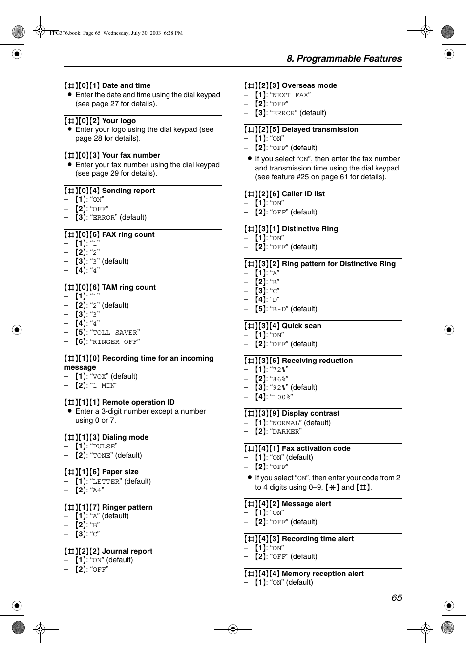 Programmable features 65 | Panasonic KX-FPG377 User Manual | Page 67 / 94