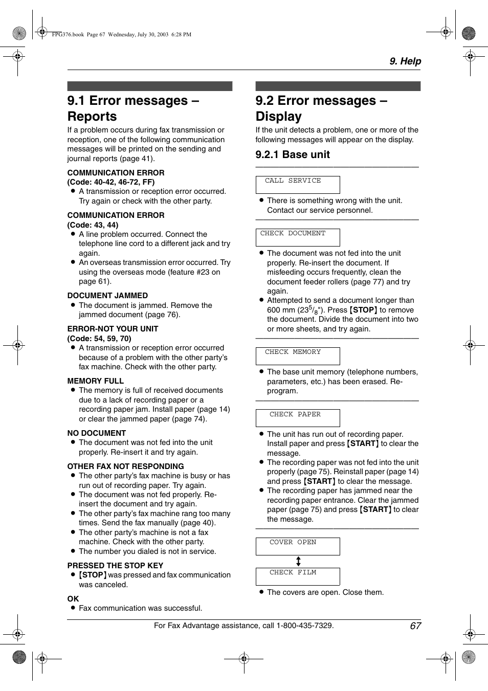 Help, Error messages, 1 error messages – reports | 2 error messages – display, Error messages – reports, Error messages – display, 1 error messages – reports, 2 error messages – display, 1 base unit, Help 67 | Panasonic KX-FPG377 User Manual | Page 69 / 94