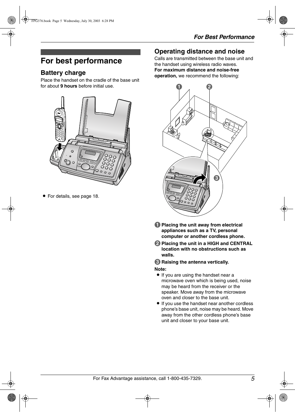 For best performance, Battery charge, Operating distance and noise | For best performance 5, Ab c | Panasonic KX-FPG377 User Manual | Page 7 / 94