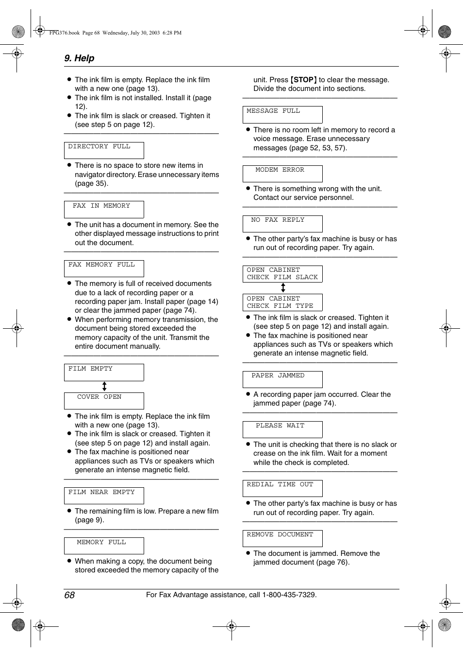 Help 68 | Panasonic KX-FPG377 User Manual | Page 70 / 94