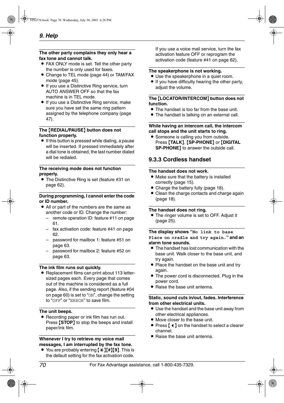 Help 70, 3 cordless handset | Panasonic KX-FPG377 User Manual | Page 72 / 94