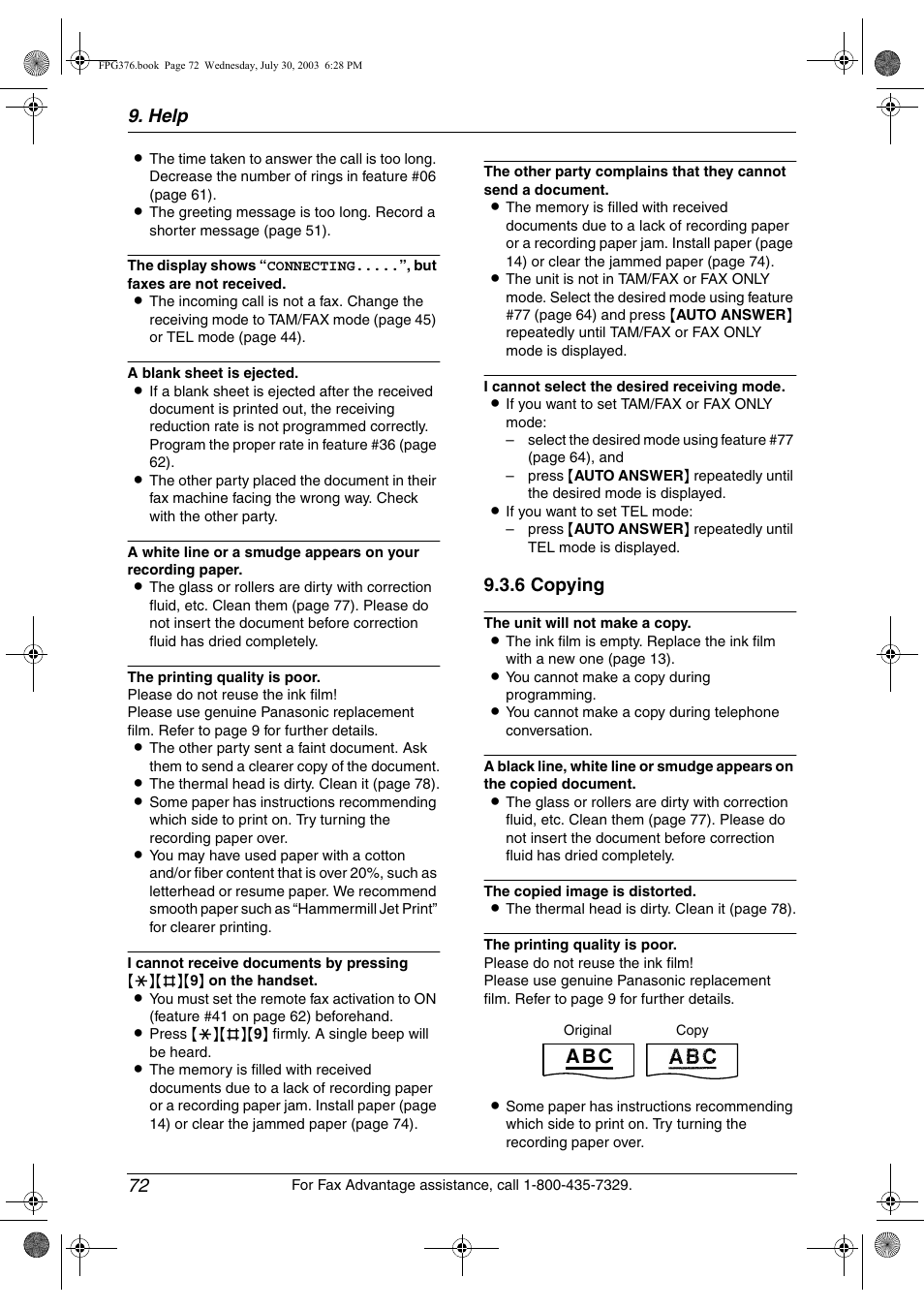 A b c, Help 72, 6 copying | Panasonic KX-FPG377 User Manual | Page 74 / 94