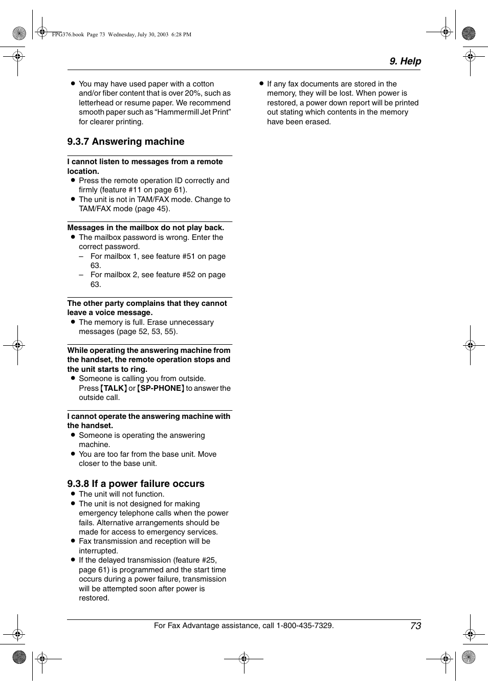 Jams, Help 73, 7 answering machine | 8 if a power failure occurs | Panasonic KX-FPG377 User Manual | Page 75 / 94