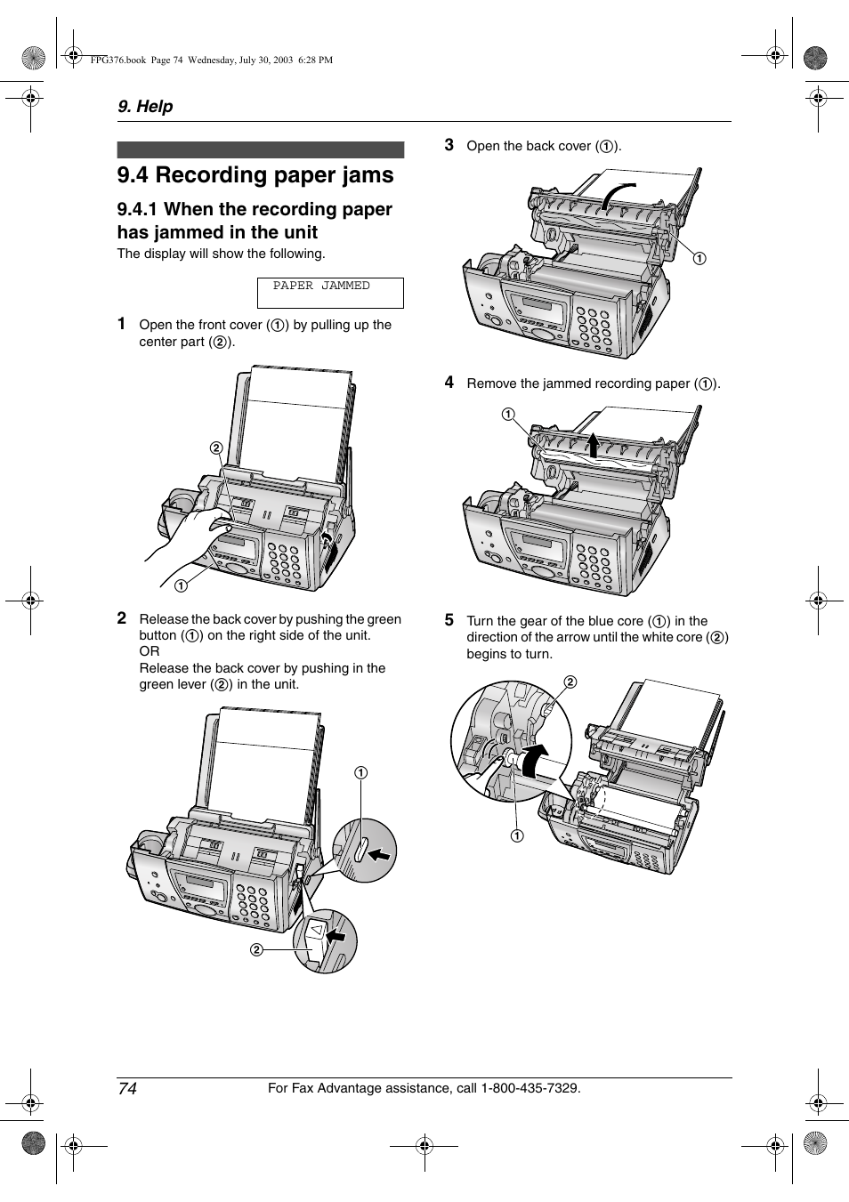 4 recording paper jams, Recording paper jams, 4 recording paper jams | 1 when the recording paper has jammed in the unit | Panasonic KX-FPG377 User Manual | Page 76 / 94