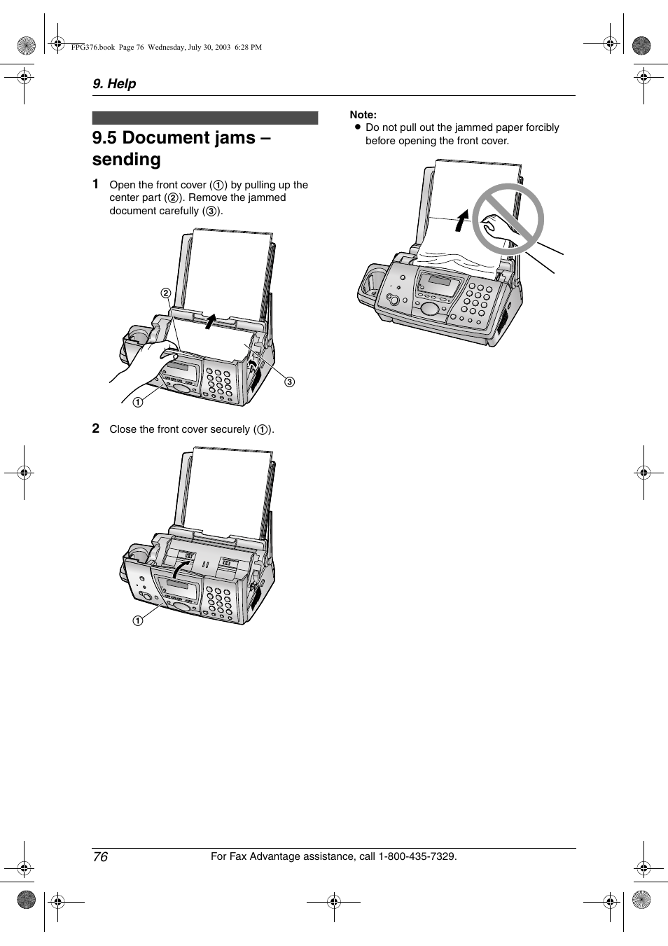 5 document jams – sending, Cleaning, Document jams – sending | 5 document jams – sending, Help 76 | Panasonic KX-FPG377 User Manual | Page 78 / 94