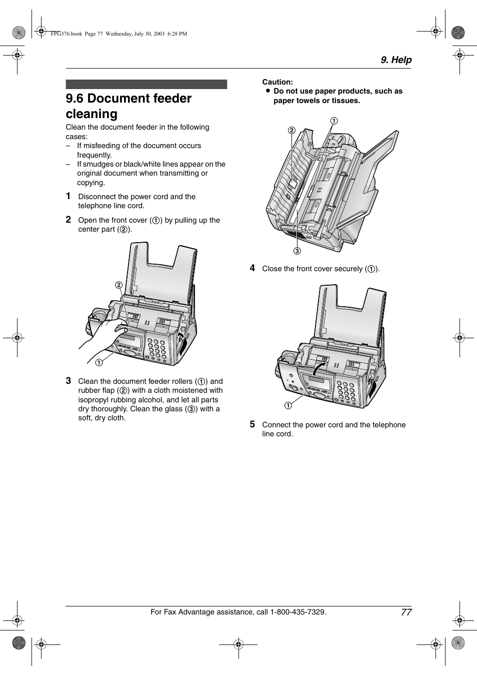 6 document feeder cleaning, Document feeder cleaning, 6 document feeder cleaning | Panasonic KX-FPG377 User Manual | Page 79 / 94
