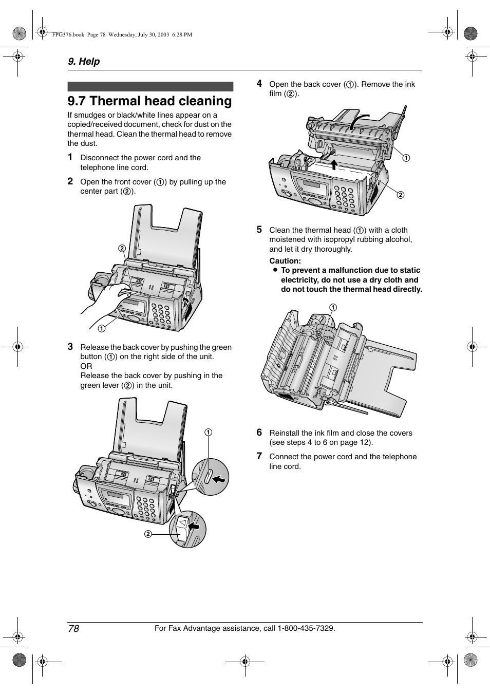 7 thermal head cleaning, Thermal head cleaning, 7 thermal head cleaning | Panasonic KX-FPG377 User Manual | Page 80 / 94