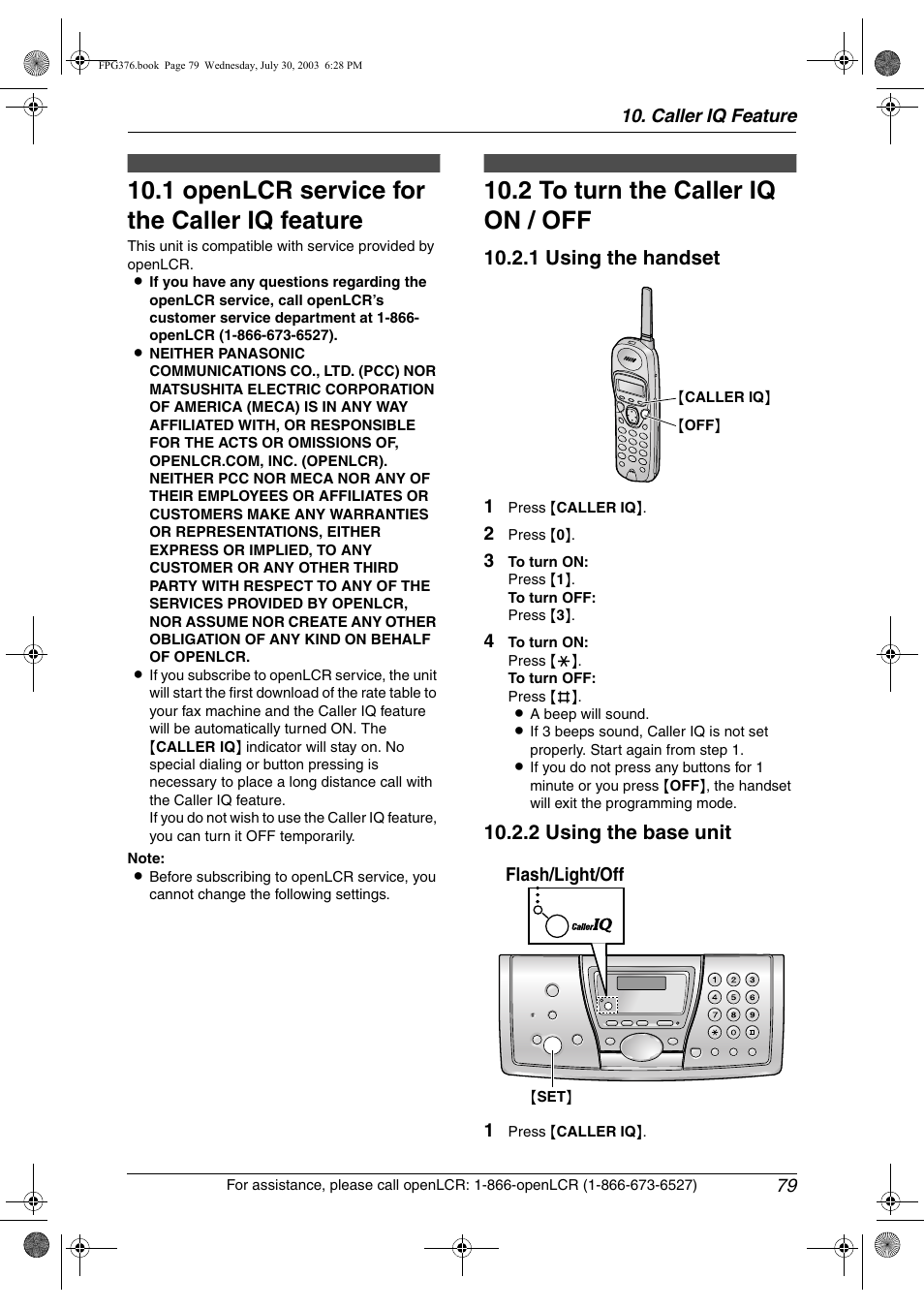 Caller iq feature, 1 openlcr service for the caller iq feature, 2 to turn the caller iq on / off | Openlcr service for the caller iq, Feature, To turn the caller iq on / off, 1 openlcr service for the caller iq feature, 2 to turn the caller iq on / off, 1 using the handset, 2 using the base unit | Panasonic KX-FPG377 User Manual | Page 81 / 94