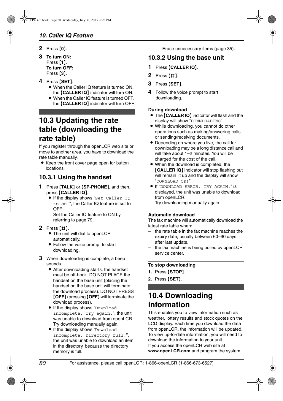4 downloading information, Updating the rate table (downloading, The rate table) | Downloading information, 4 downloading information, 1 using the handset, 2 using the base unit | Panasonic KX-FPG377 User Manual | Page 82 / 94