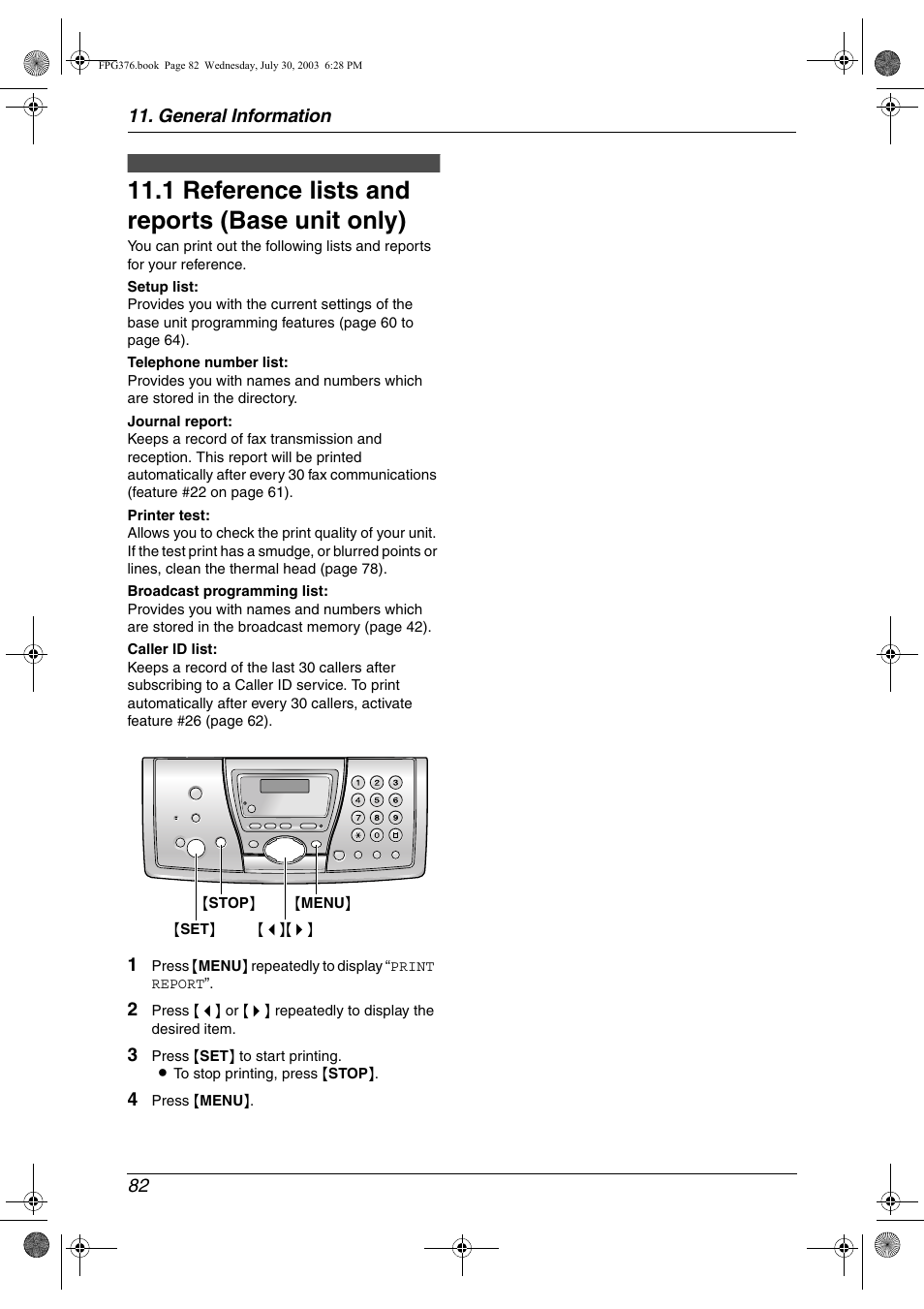 General information, Printed reports, 1 reference lists and reports (base unit only) | Specifications, Reference lists and reports (base unit, Only), 1 reference lists and reports (base unit only), General information 82 | Panasonic KX-FPG377 User Manual | Page 84 / 94
