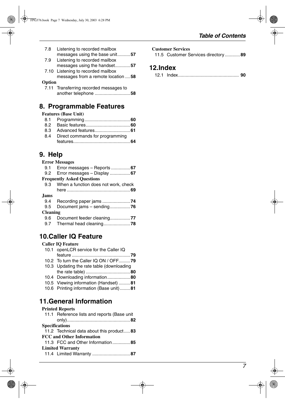 Programmable features, Help, Caller iq feature | General information, Index | Panasonic KX-FPG377 User Manual | Page 9 / 94