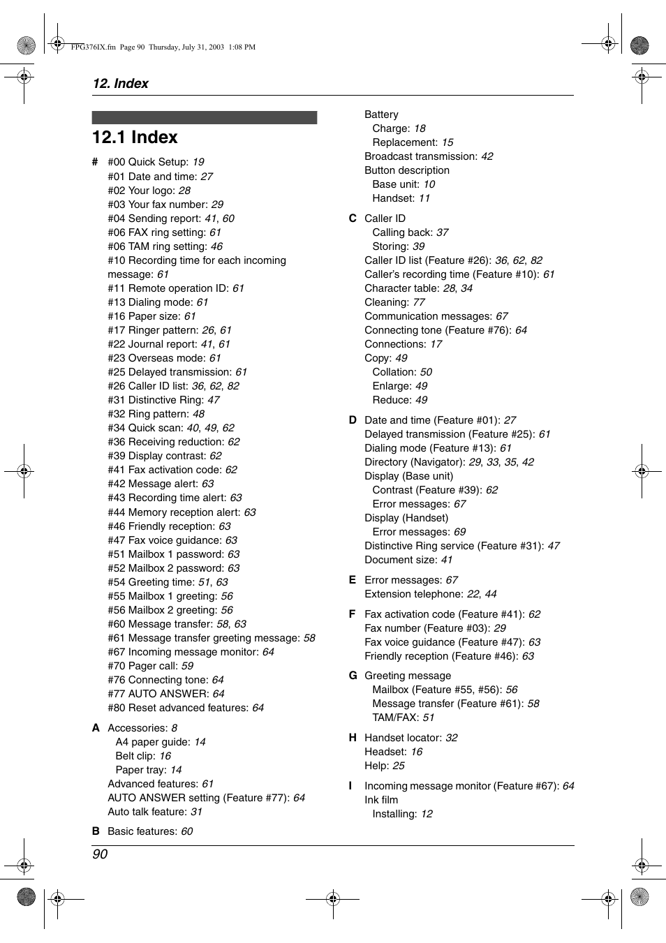 Index, 1 index, Index 90 | Panasonic KX-FPG377 User Manual | Page 92 / 94