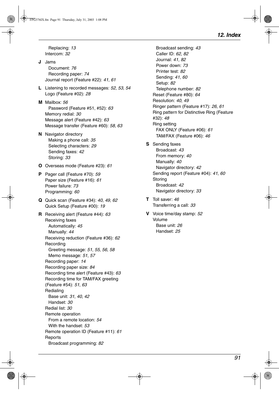 Index 91 | Panasonic KX-FPG377 User Manual | Page 93 / 94