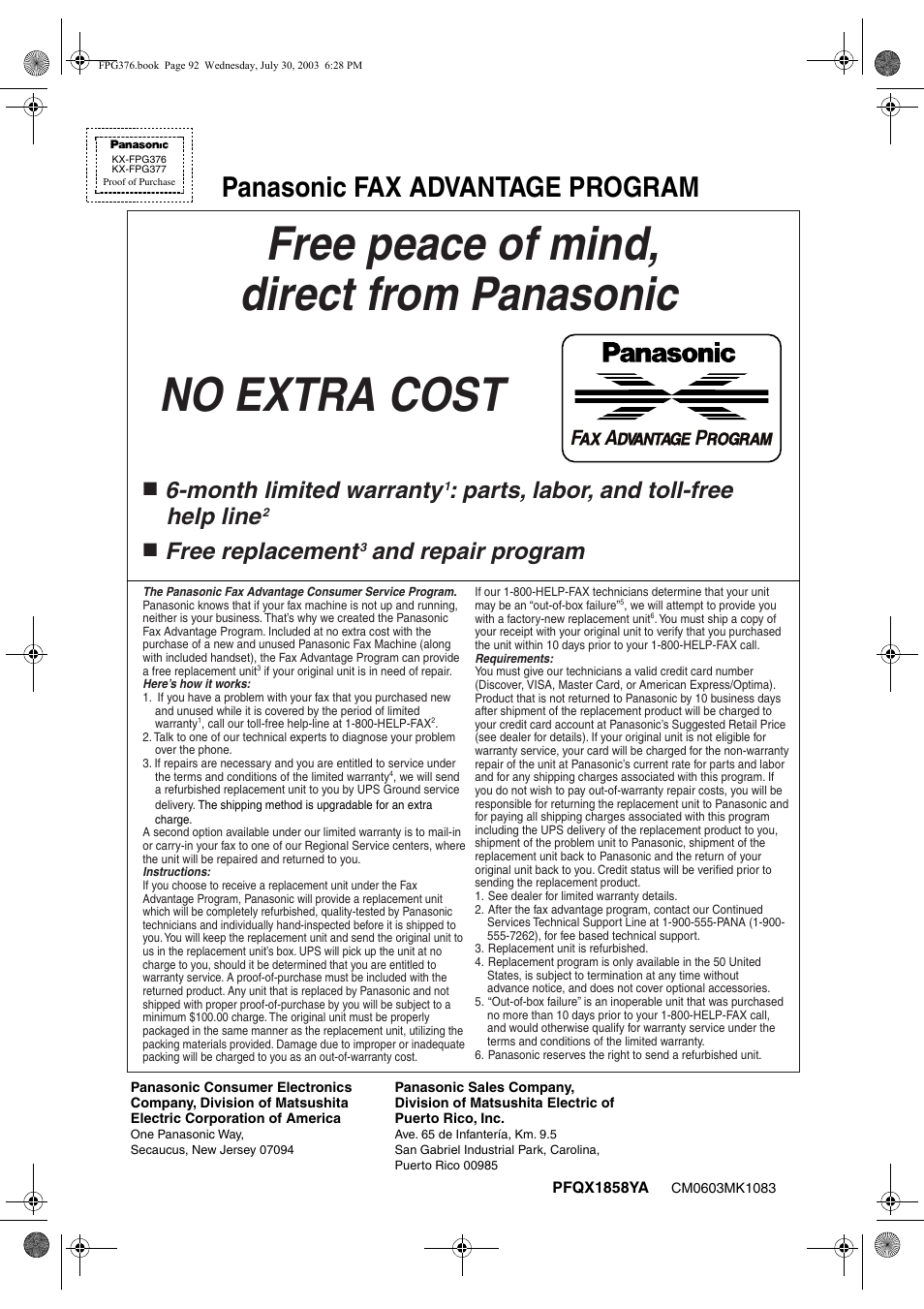 Panasonic fax advantage program, Month limited warranty, Parts, labor, and toll-free help line | Free replacement, And repair program | Panasonic KX-FPG377 User Manual | Page 94 / 94