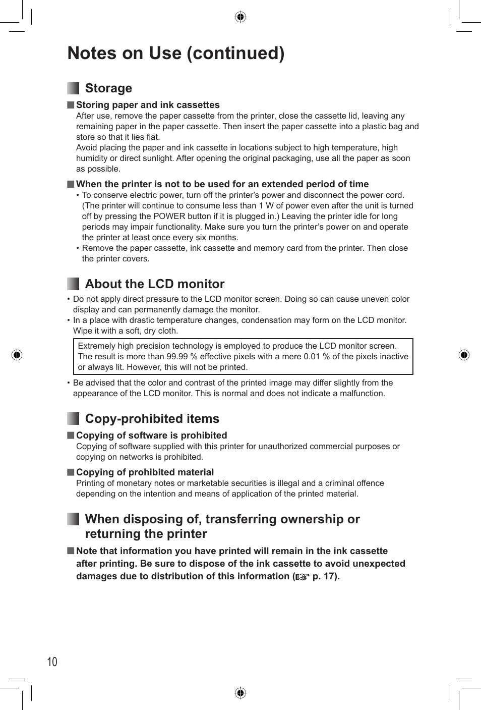 10 storage, About the lcd monitor, Copy-prohibited items | Panasonic KX-PX2M User Manual | Page 10 / 80