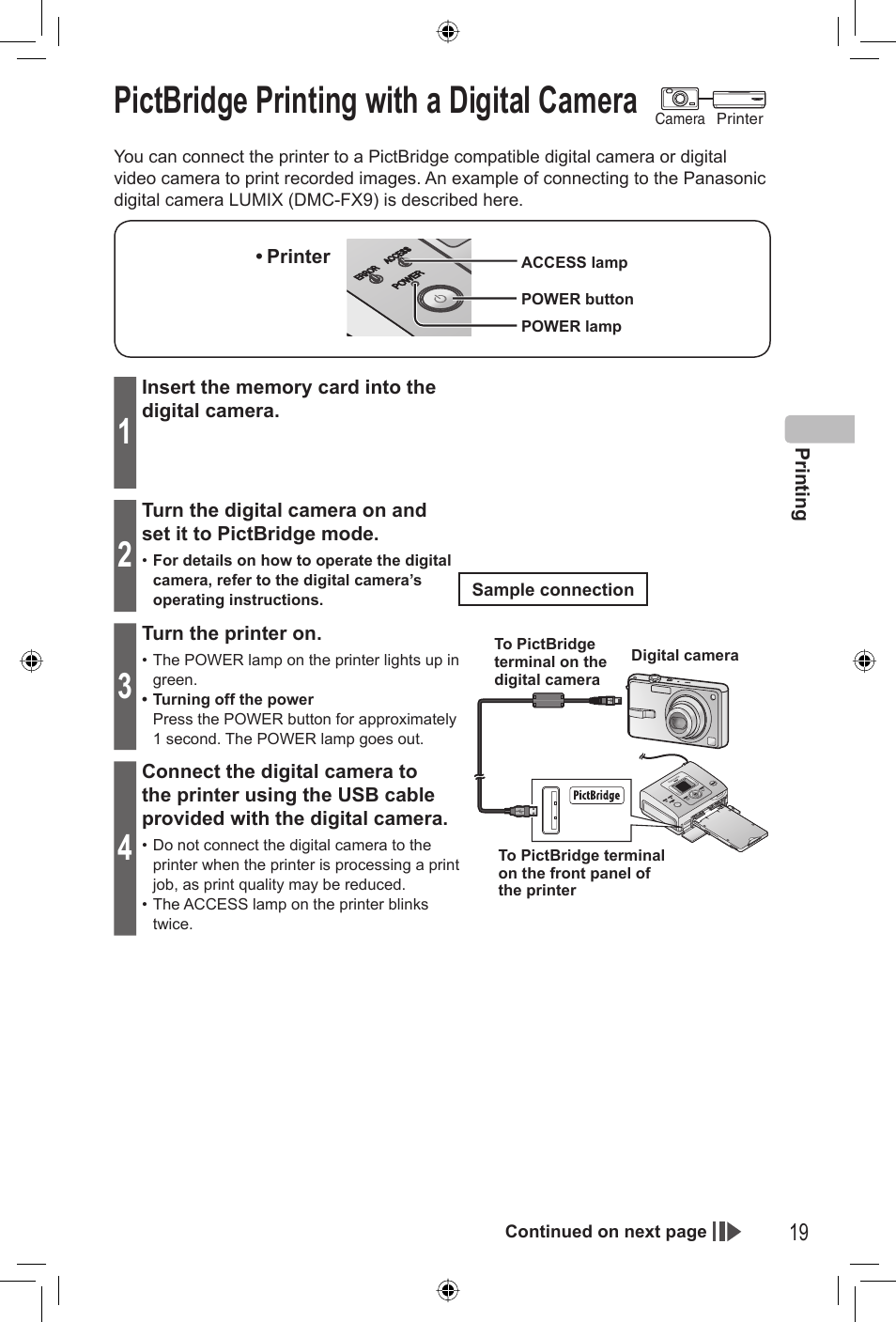 Printing, Pictbridge printing with a digital camera | Panasonic KX-PX2M User Manual | Page 19 / 80
