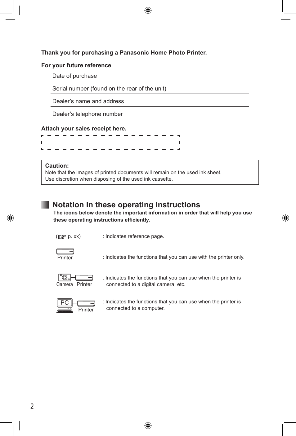 2notation in these operating instructions | Panasonic KX-PX2M User Manual | Page 2 / 80