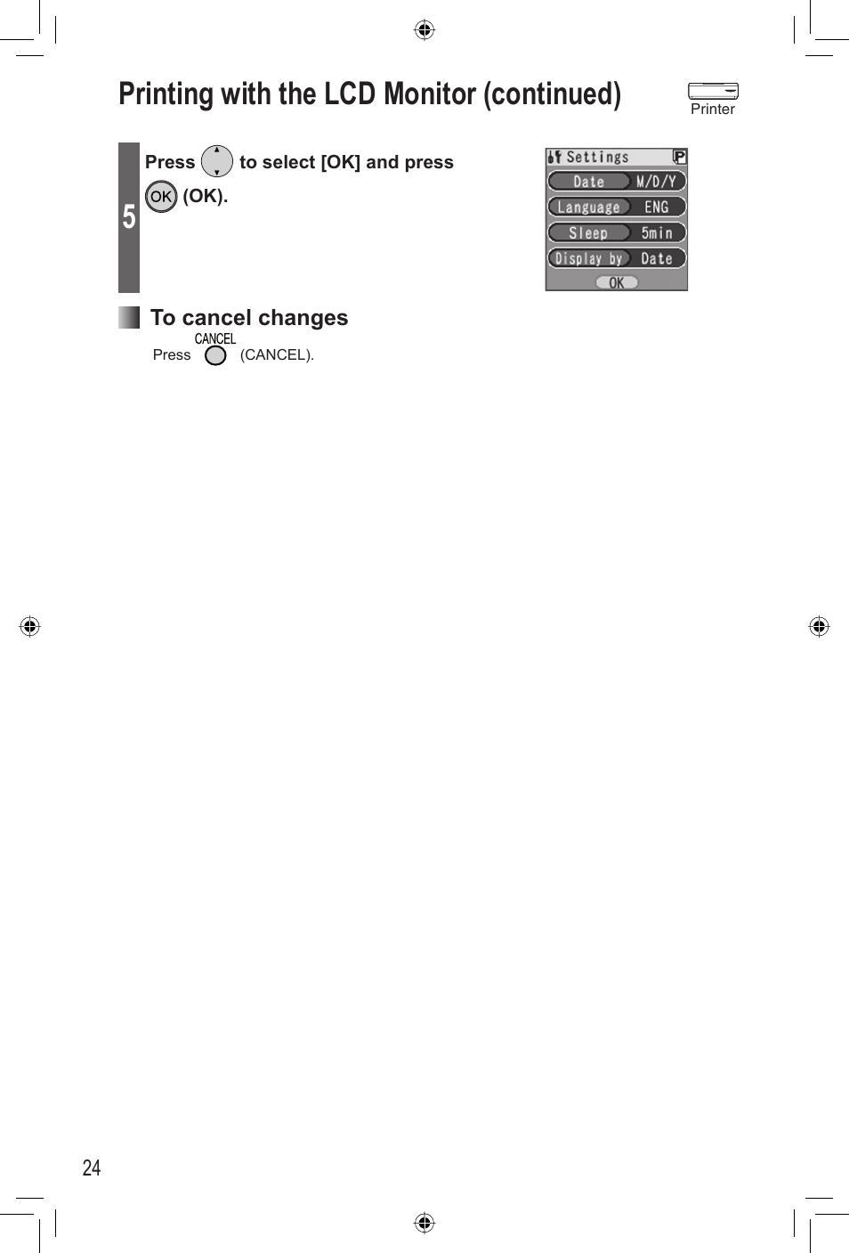 Printing with the lcd monitor (continued) | Panasonic KX-PX2M User Manual | Page 24 / 80