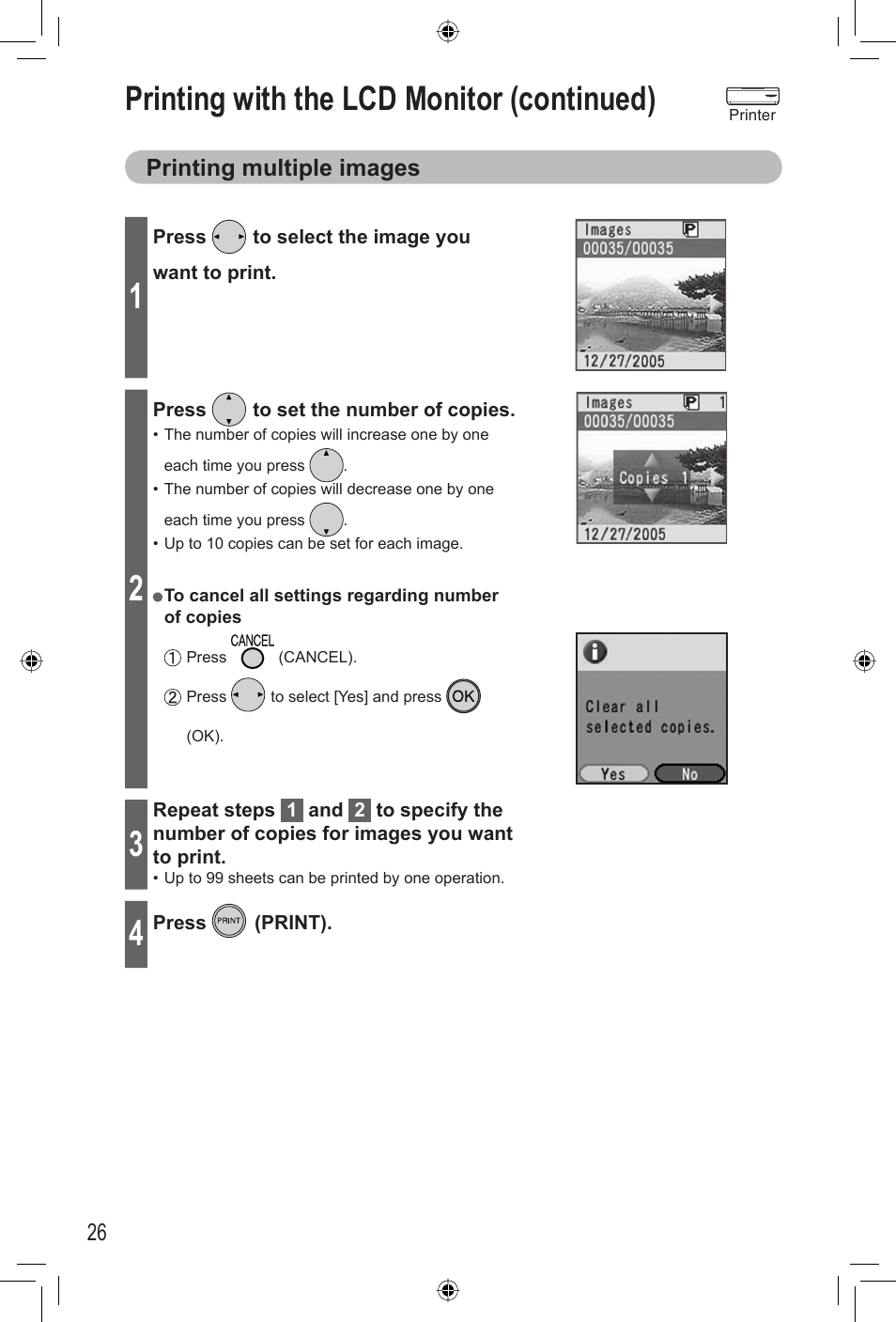 Printing with the lcd monitor (continued), Printing multiple images | Panasonic KX-PX2M User Manual | Page 26 / 80