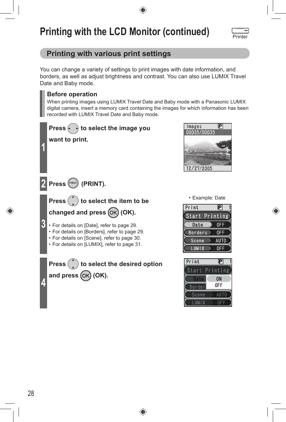 Printing with the lcd monitor (continued) | Panasonic KX-PX2M User Manual | Page 28 / 80