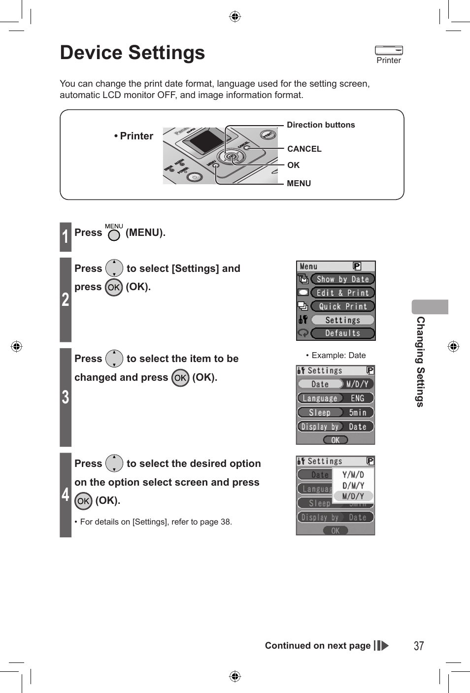 Changing settings, Device settings | Panasonic KX-PX2M User Manual | Page 37 / 80