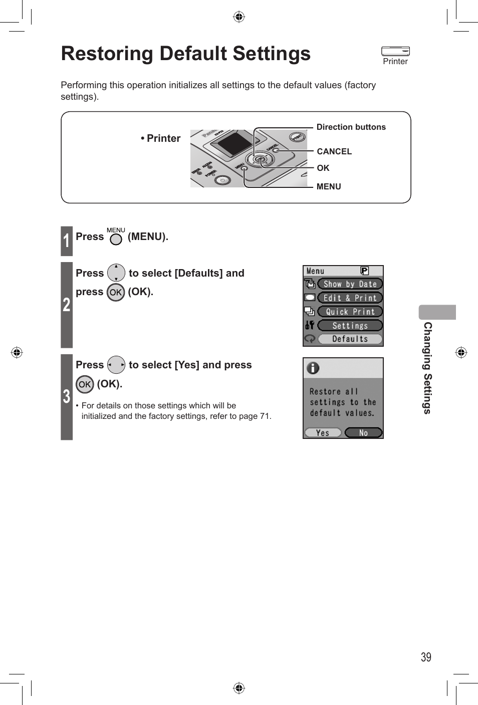 Restoring default settings | Panasonic KX-PX2M User Manual | Page 39 / 80