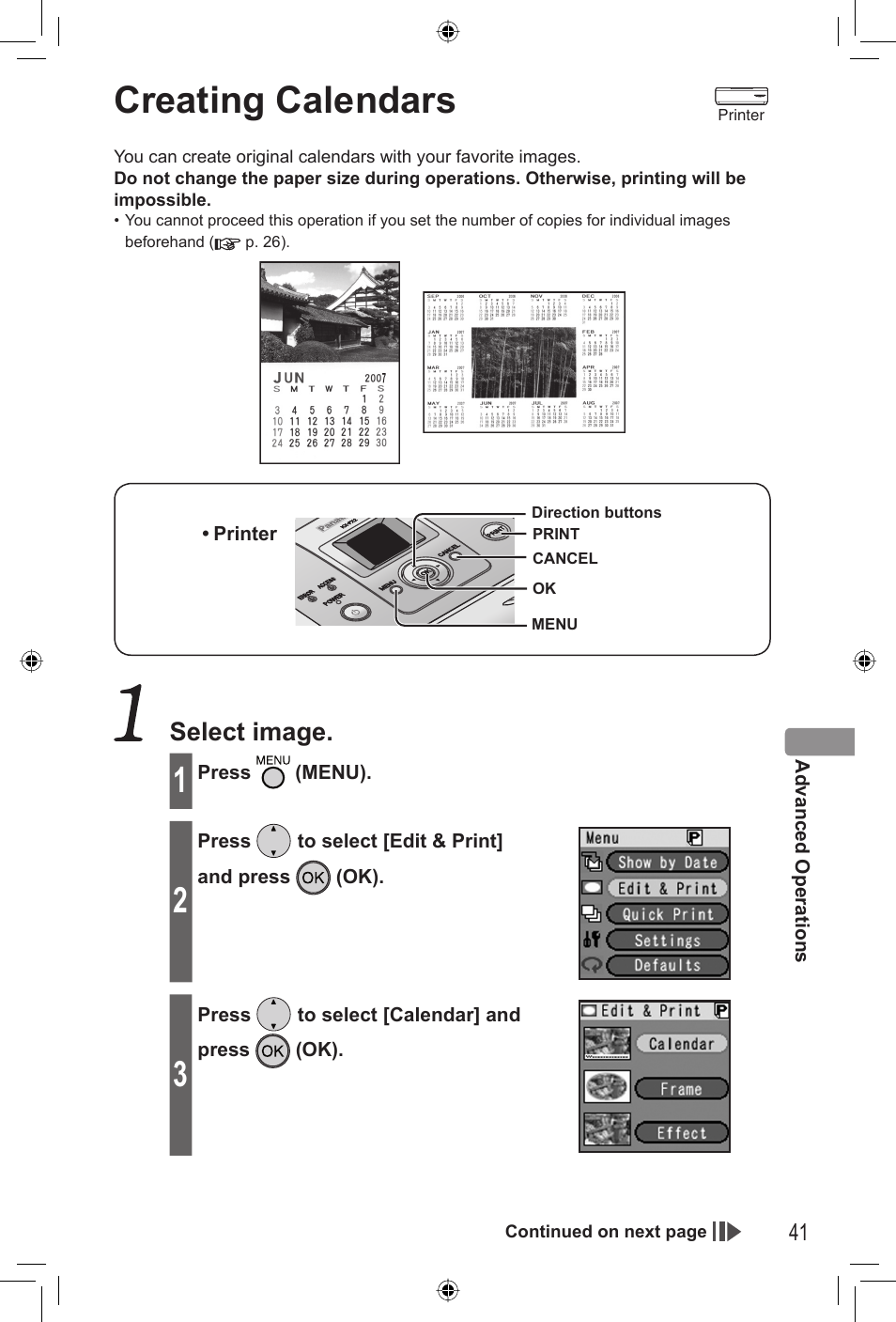 Creating calendars, Select image | Panasonic KX-PX2M User Manual | Page 41 / 80